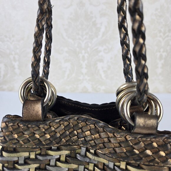 LJS Collection Small Braided Woven Leather Bucket Shoulder Bag Mixed Metallics - Picture 9 of 13